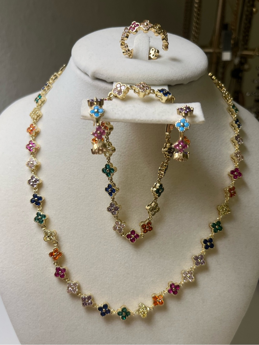 Multicolor Floral Gold Tone Necklace Bracelet Earrings Ring Set